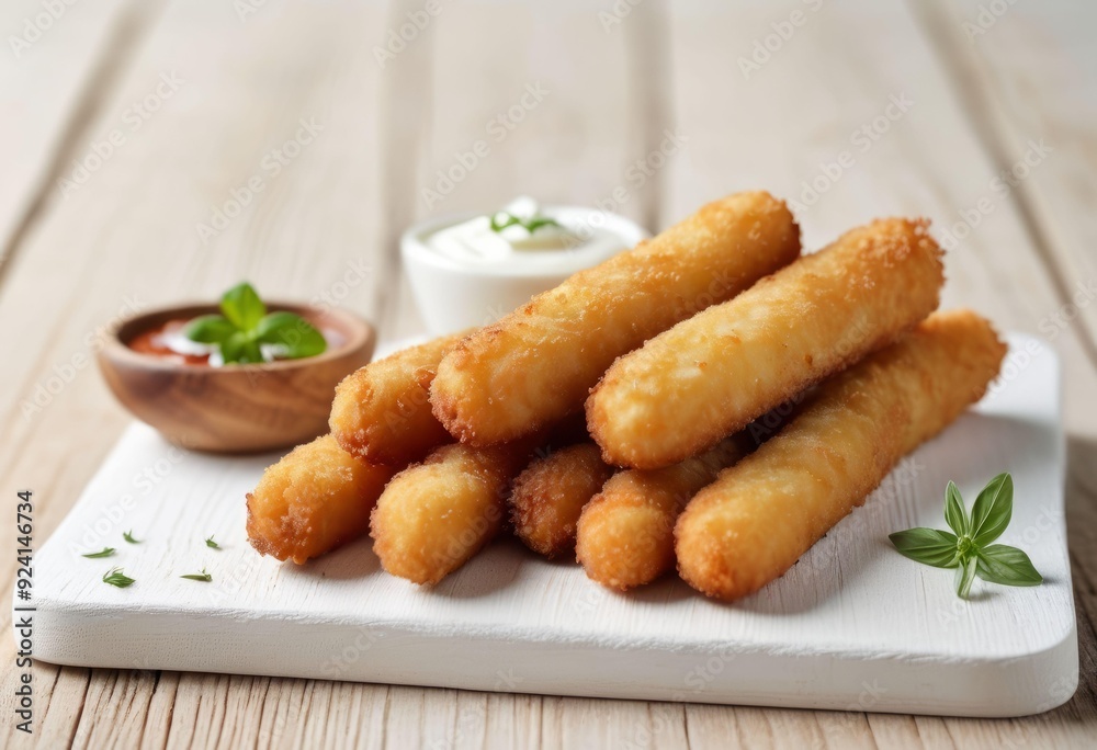 Mozzarella Sticks with Red Sauce and Creamy Dip on Wooden Plate Mozzarella Sticks with Red Sauce and Creamy Dip on Wooden Plate