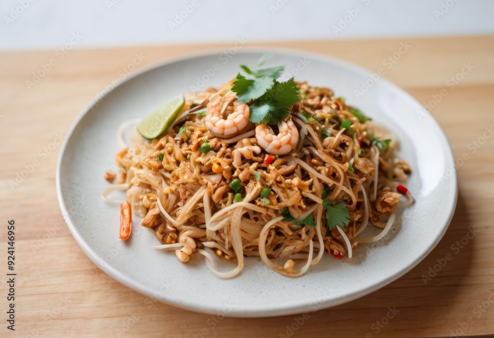 Pad Thai Noodles with Shrimp, Cilantro, and Lime on Wooden Surface Pad Thai Noodles with Shrimp, Cilantro, and Lime on Wooden Surface
