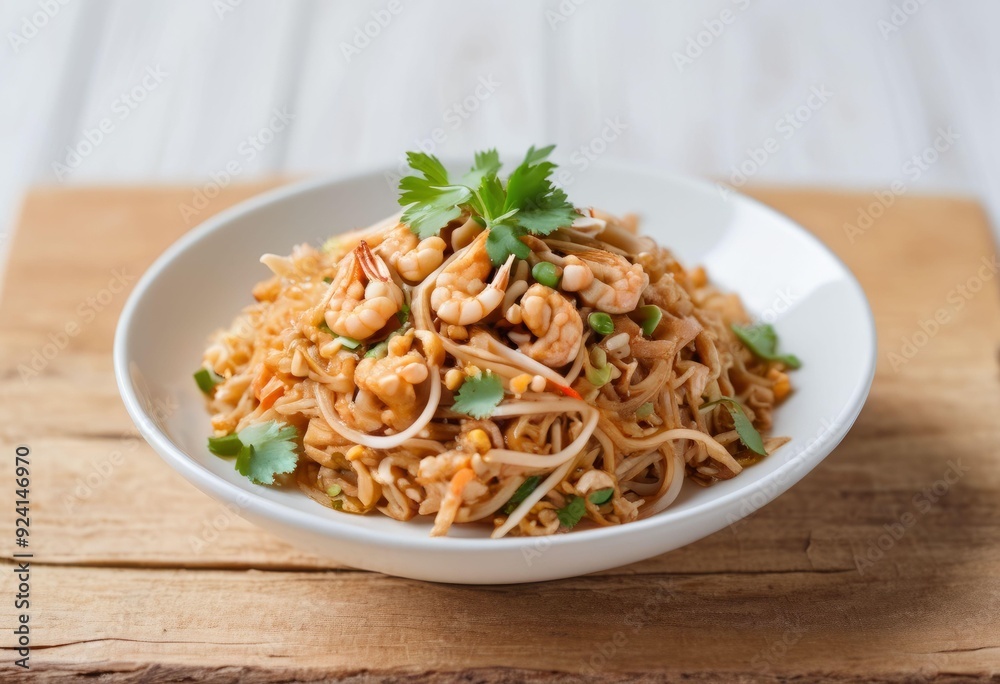 Noodles with Shrimp, Green Onions, and Cilantro on Wooden Table Noodles with Shrimp, Green Onions, and Cilantro on Wooden Table