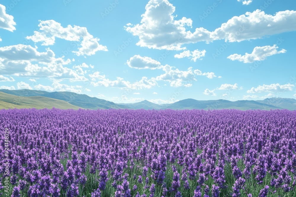 Fototapeta premium A Lavender field with sky clouds. Generative AI