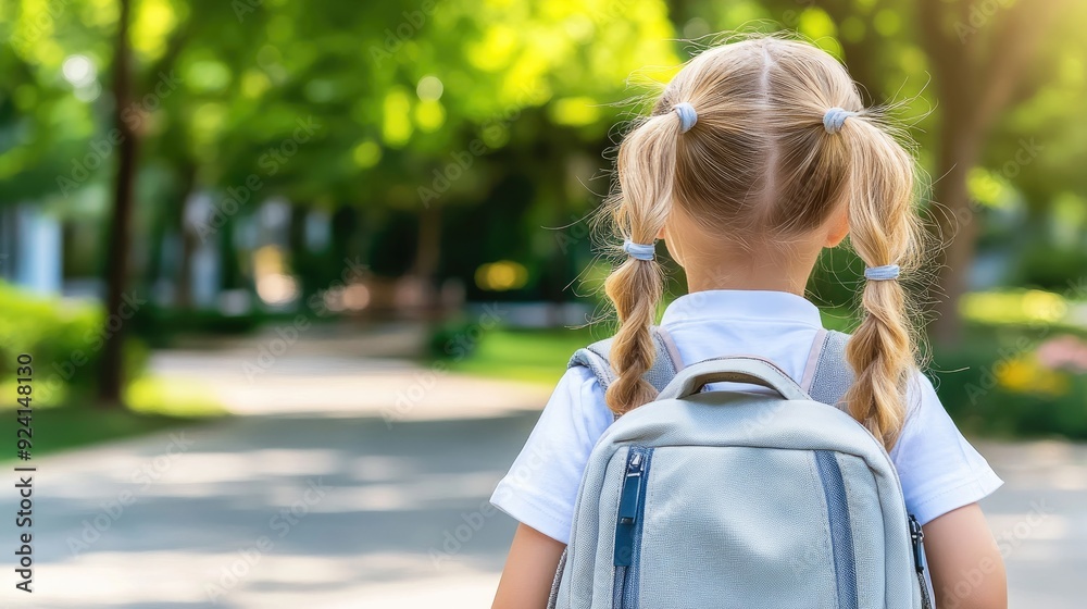 A child with a backpack strolls towards school on a warm summer day, surrounded by nature and soft lighting that enhances the scene A child with a backpack strolls towards school on a warm summer day, surrounded by nature and soft lighting that enhances the scene