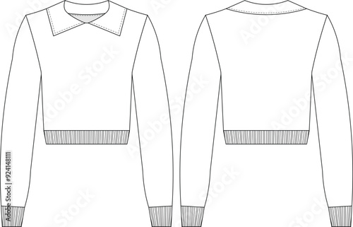 collared round neck crew neck long sleeve ribbed cuff hem sweater knitwear blouse top template technical drawing flat sketch cad mockup fashion woman design style model
