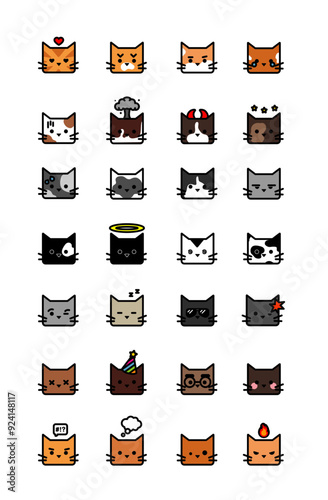 Cute Cartoon Cat emotes/emoji collection . Can be used for Twitch, Discord, YouTube. Graphic conversational text elements illustration set
