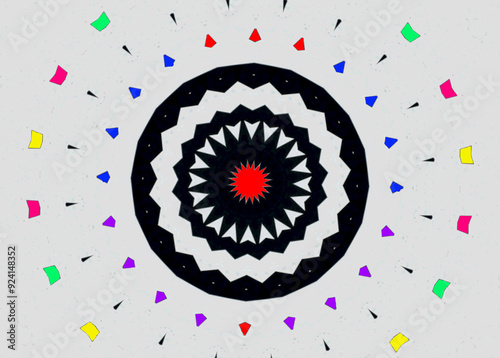 A geometric mandala with concentric rings of black and white patterns surrounds a bright red center. Various colorful shapes are radially arranged around the outer edge against a light grey background photo