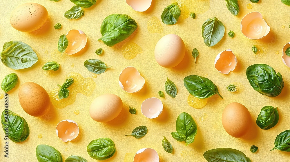 A table of diverse eggs with green foliage atop a yellow background and water droplets A table of diverse eggs with green foliage atop a yellow background and water droplets