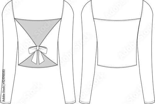 with elbow deep curved v neck long sleeve low cut cutout fit elatic blouse top template technical drawing flat sketch cad mockup fashion woman design style model
