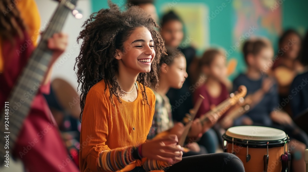 A dedicated teacher leads an engaging music lesson, as students joyfully explore rhythm together. A dedicated teacher leads an engaging music lesson, as students joyfully explore rhythm together.