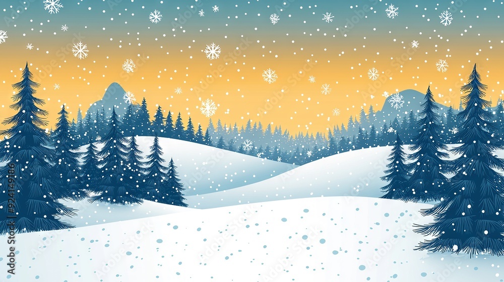   Snow-covered pine trees in a yellow and blue sky, with falling snowflakes on the ground below