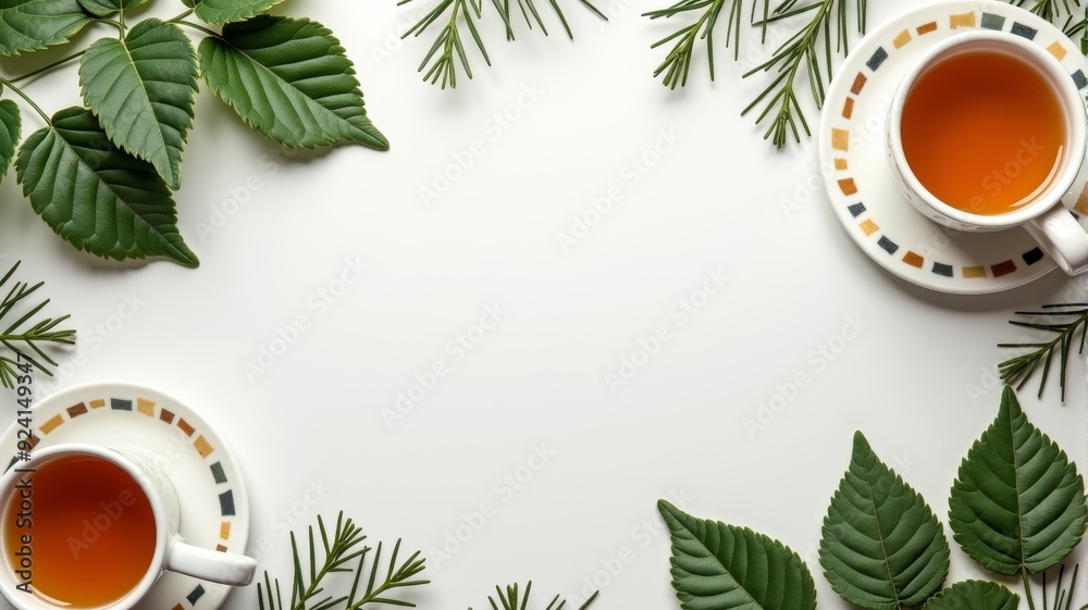 Top View of Two Cups of Herbal Tea with Green Leaves on White Background - Perfect for Tea Lovers, Nature Blogs, and Wellness Content Top View of Two Cups of Herbal Tea with Green Leaves on White Background - Perfect for Tea Lovers, Nature Blogs, and Wellness Content