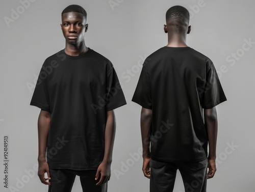 Oversized black T-shirt mockup front and back view on a model.