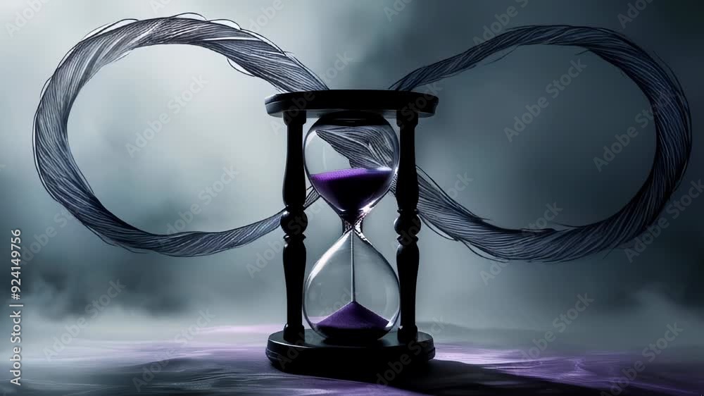 An infinite hourglass surrounded by flowing strands, symbolizing the passage of time in a mystical haze