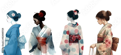 Set of four watercolor images of women in kimono.