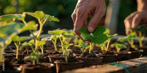 Cucumber seedlings in hands on wooden table in sunny spring garden photo