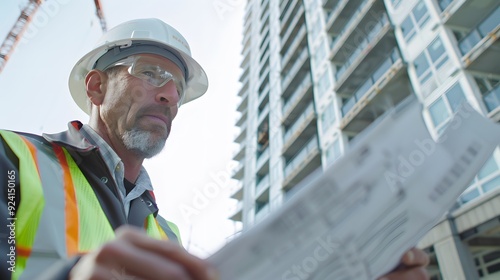 construction worker head which is wearing the safety helmet and checking work at the construction site. Non-existent person.