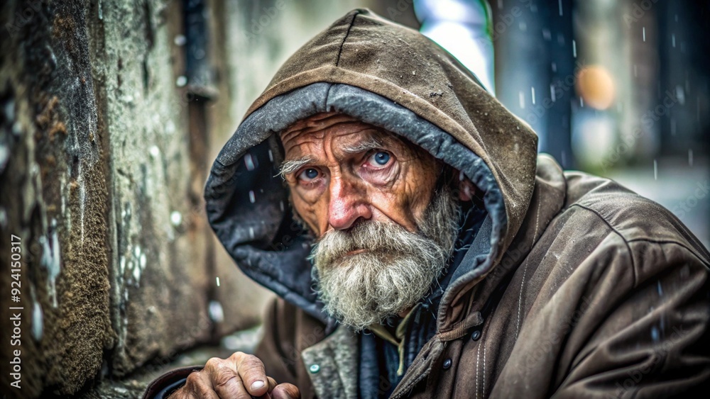 Close-Up of an Old Homeless Person in a Hood Under the Rain Close-Up of an Old Homeless Person in a Hood Under the Rain