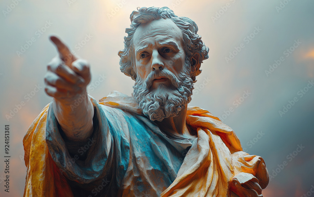 Obraz premium A vibrant and expressive statue of a bearded figure, pointing forward with a determined expression. The statue is adorned with colorful drapery, creating a striking contrast