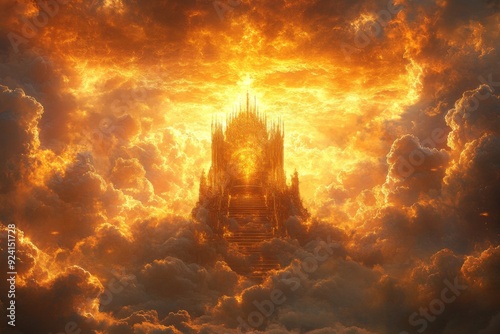 Radiant Throne: The Golden Light Illuminates a Misty Throne, Symbolizing Majesty and Divine Presence,Abstract Art photo