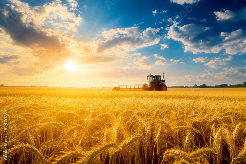 A serene landscape showcasing a vibrant wheat field with a tractor under a golden sunset sky, symbolizing agricultural productivity. photo