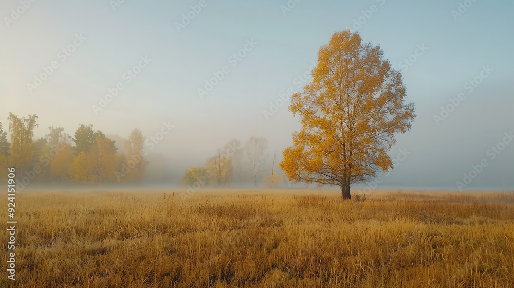 A misty morning in a tranquil meadow, with trees in shades of russet and gold silhouetted against the gray sky. Autumn colorful background, fall backdrop for design concept A misty morning in a tranquil meadow, with trees in shades of russet and gold silhouetted against the gray sky. Autumn colorful background, fall backdrop for design concept