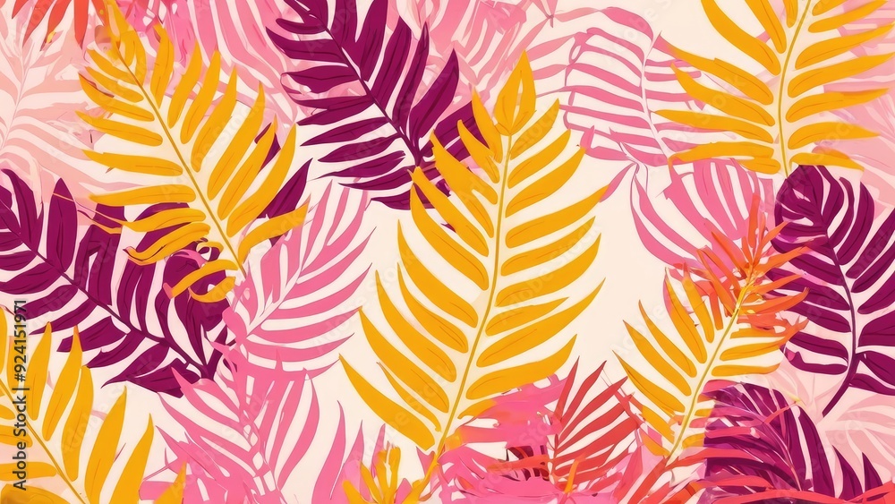 A vibrant pattern of tropical palm leaves in shades of pink, purple, and yellow, creating a lively and colorful design reminiscent of a summer paradise A vibrant pattern of tropical palm leaves in shades of pink, purple, and yellow, creating a lively and colorful design reminiscent of a summer paradise
