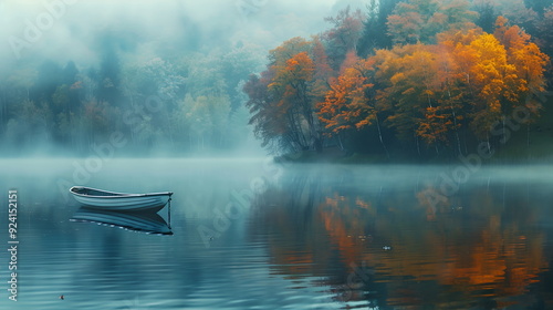 A misty morning on a tranquil lake, with a lone boat drifting on the still water amidst reflections of colorful foliage. Autumn colorful background, fall backdrop for design concept