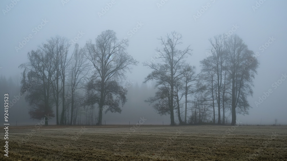 A misty valley shrouded in fog, with silhouettes of trees standing out against the gray sky. Autumn colorful background, fall backdrop for design concept A misty valley shrouded in fog, with silhouettes of trees standing out against the gray sky. Autumn colorful background, fall backdrop for design concept