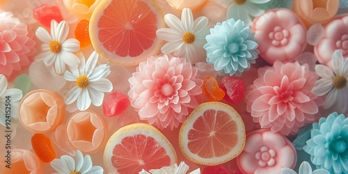 Floral arrangement with sweets and citrus in white, pink and blue colors against a bright background. photo