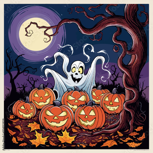 Graphic template of pumpkin in cemetery and ghost for Halloween