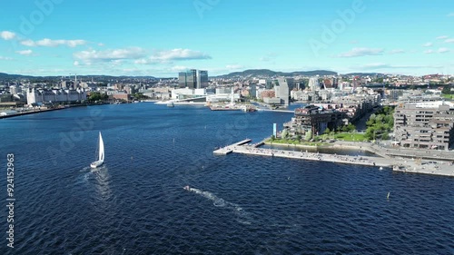 Oslo city center seen from Sørenga in Oslofjorden with Bjørvika bay, the opera house and Munch art gallery