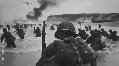 Digitally restored vintage World War II photo of American troops wading ashore on Omaha Beach during the D-Day invasion on June 6, 1944.
 photo