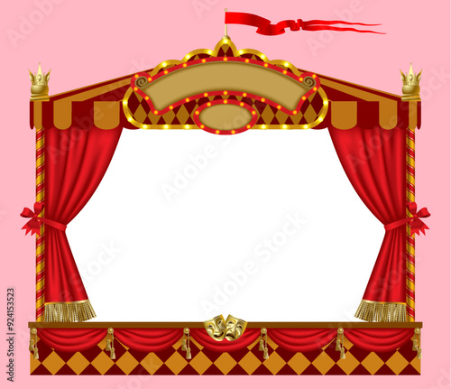 A colorful frame in the form of theatrical scenes and puppet show booth isolated on pink background. Artistic poster in 3d style. Vector illustration