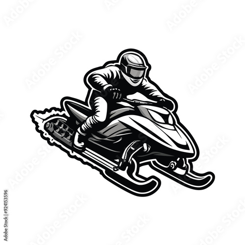 A black and white illustration of a snowmobile rider in action, with a helmet and goggles.