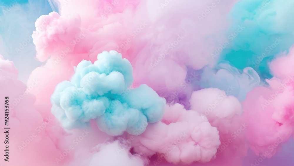 Fototapeta premium Fluffy, pastel-hued clouds in shades of pink and blue fill the scene, creating a whimsical and serene ambiance reminiscent of a soft, ethereal landscape