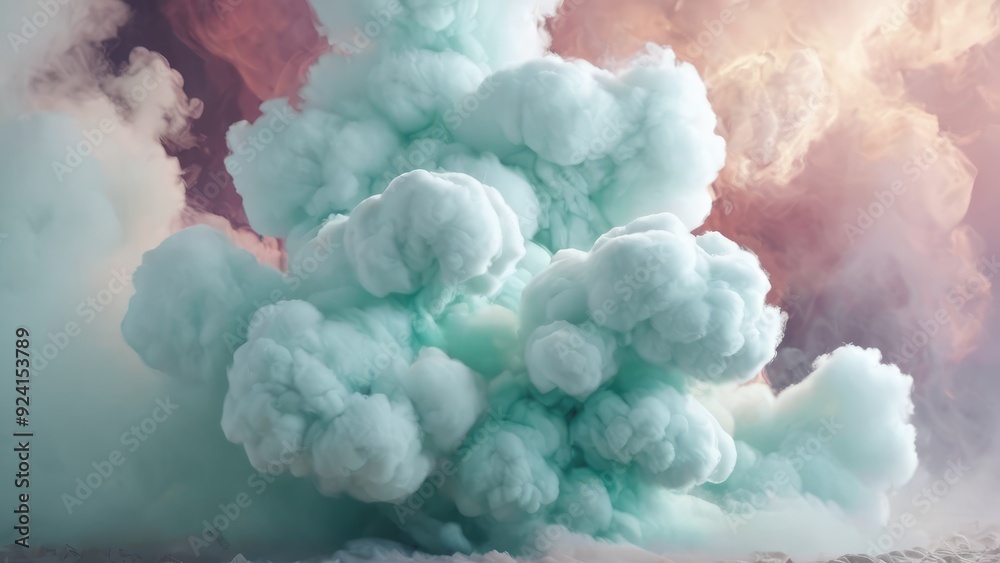 Naklejka premium A delicate blend of pastel pink and blue clouds, resembling cotton candy, floating in a surreal, dreamlike atmosphere that feels light and airy