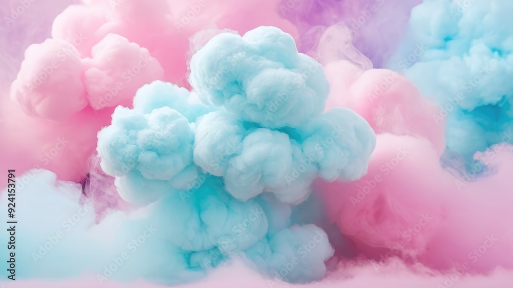 Obraz premium Fluffy, pastel-hued clouds in shades of pink and blue fill the scene, creating a whimsical and serene ambiance reminiscent of a soft, ethereal landscape