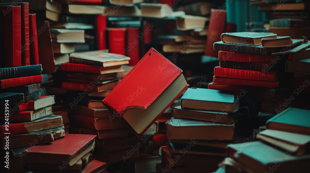 Obraz premium Red books appear and open one by one next to a pile of books, creating a dynamic and engaging visual effect. This stop motion animation highlights the transition from a static pile to an active displ
