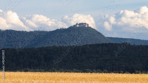 Nürtingen, Schwäbische Alb, Hohenneuffen, Castle, Summer, Grain field, Forest, Clouds, Sky, Paraglider photo