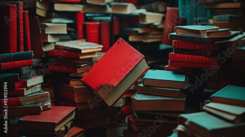  Red books appear and open one by one next to a pile of books, creating a dynamic and engaging visual effect. This stop motion animation highlights the transition from a static pile to an active displ photo