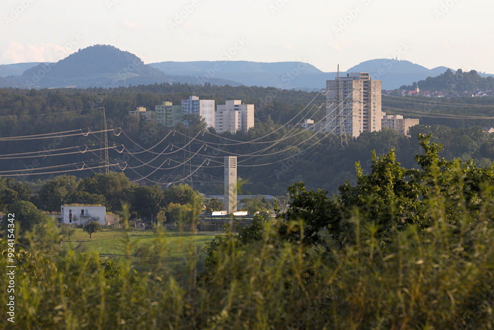Nürtingen, Schwäbische Alb, Skyline, Summer, Meadow, Forest, Sky, Hills, Residential buildings, Power line, Church, Achalm, Grafenberg, Rossdorf