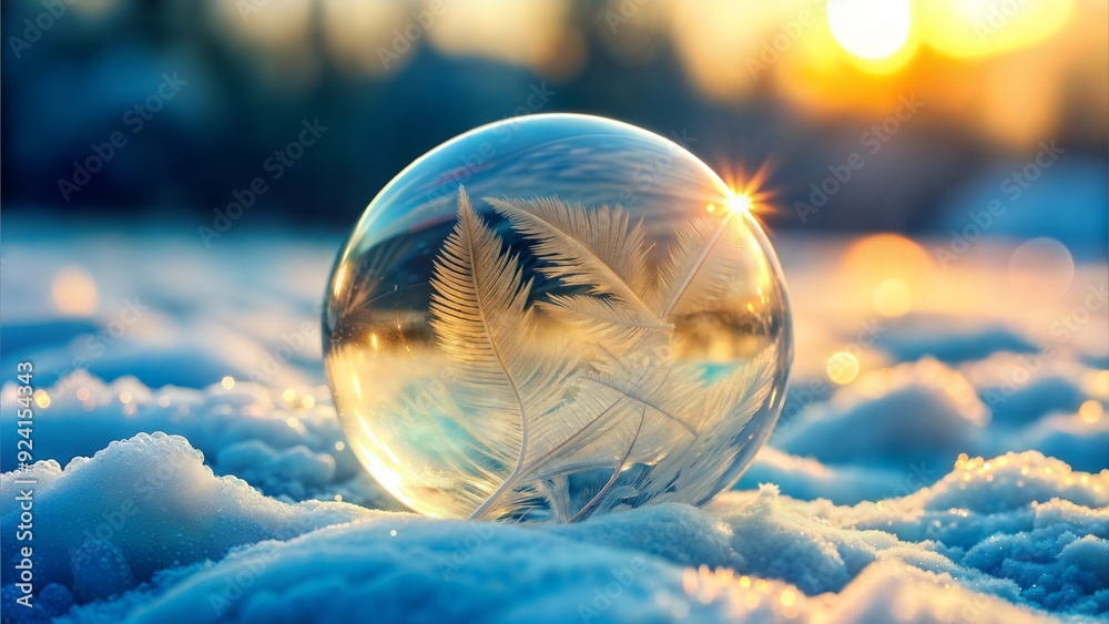 Frozen Soap Bubble on Snow at Sunrise with Ice Crystals Inside Frozen Soap Bubble on Snow at Sunrise with Ice Crystals Inside