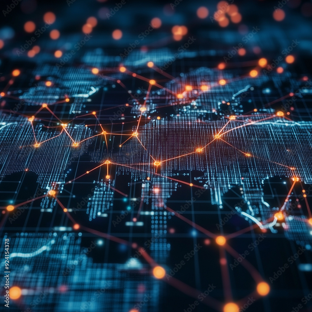 Interconnected world map highlighting global trade and economic ties, showcasing a global network of connectivity with data transfer, cyber technology, information exchange