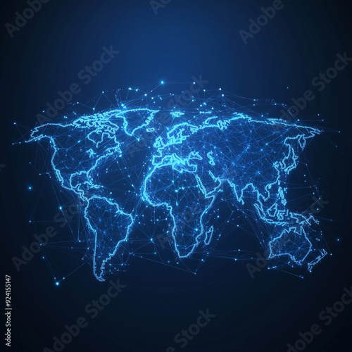 Interconnected world map highlighting global trade and economic ties, showcasing a global network of connectivity with data transfer, cyber technology, information exchange