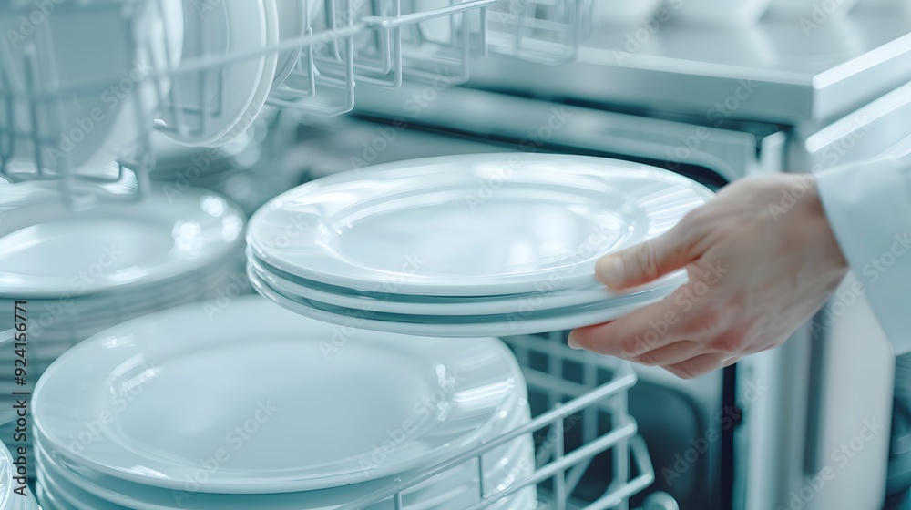 A man takes a white plates out of the dishwasher
A man takes a white plates out of the dishwasher