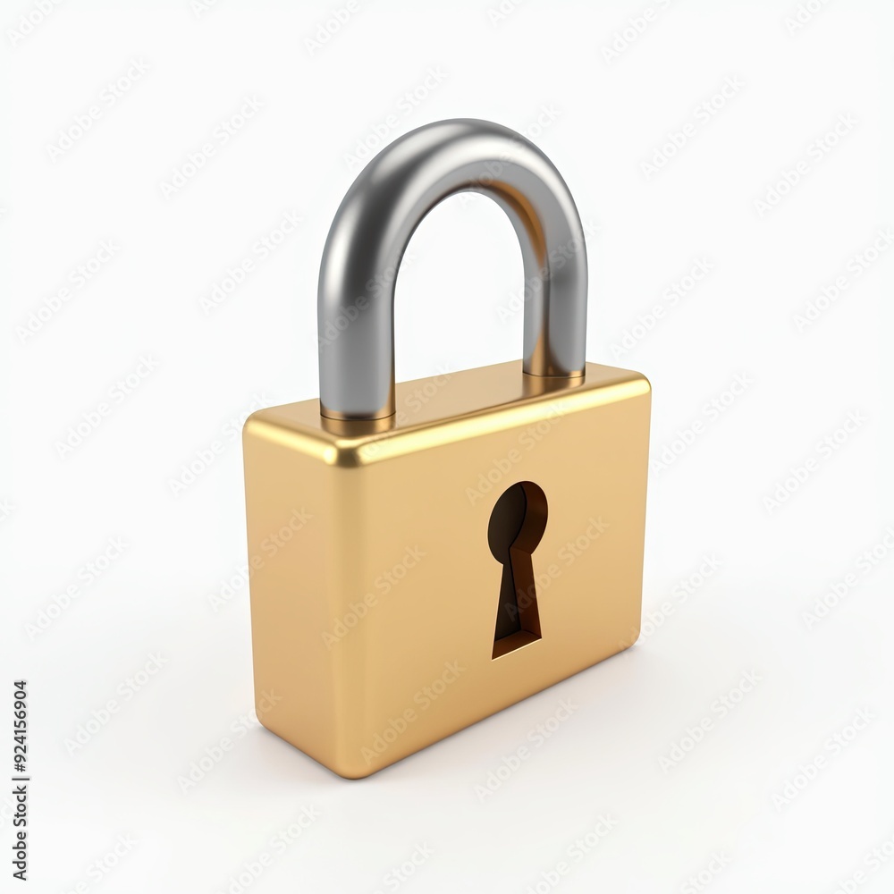 Close-up of a gold padlock with a silver shackle on a white background. Close-up of a gold padlock with a silver shackle on a white background.
