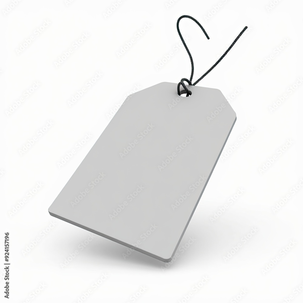 Fototapeta premium Blank white price tag with a black string against a light background, ready for customization.