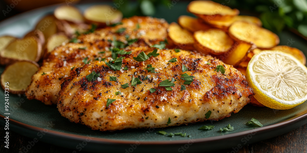 A mouthwatering chicken cutlet on an old-fashioned plate, surrounded by fresh lemon slices and potato chips. A mouthwatering chicken cutlet on an old-fashioned plate, surrounded by fresh lemon slices and potato chips.