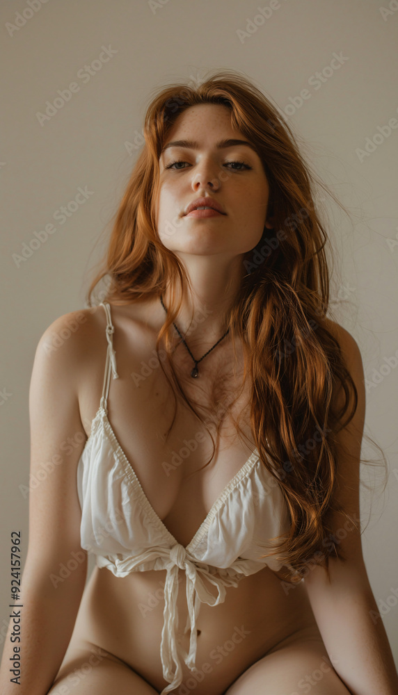A young woman sits upright, showcasing her relaxed demeanor and confidence in a sunlit room with a simple background A young woman sits upright, showcasing her relaxed demeanor and confidence in a sunlit room with a simple background