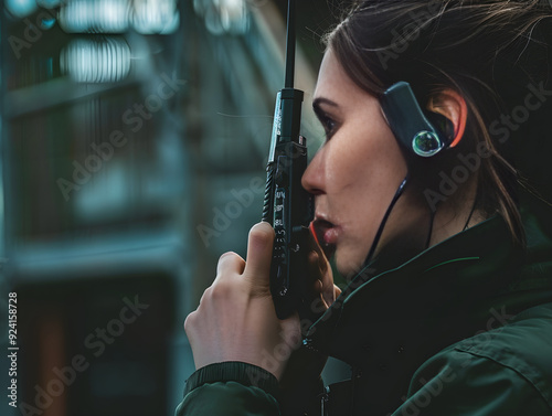 A man in a blue shirt listens intently to a walkie-talkie communication on channel 007. photo