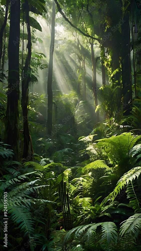 Tropical rainforest landscape view, green jungle leaves and giant trees Tropical rainforest landscape view, green jungle leaves and giant trees