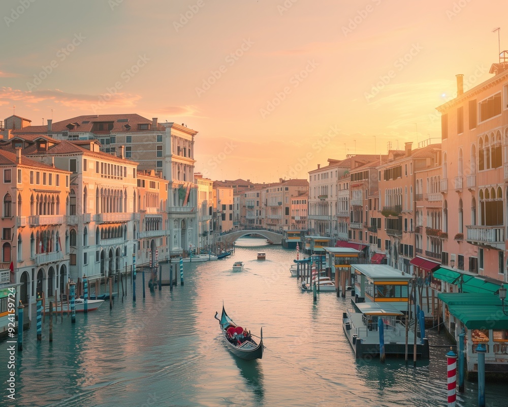 Beautiful Venice Canal at Sunset with Gondola and Traditional Architecture, Travel Destinations Beautiful Venice Canal at Sunset with Gondola and Traditional Architecture, Travel Destinations